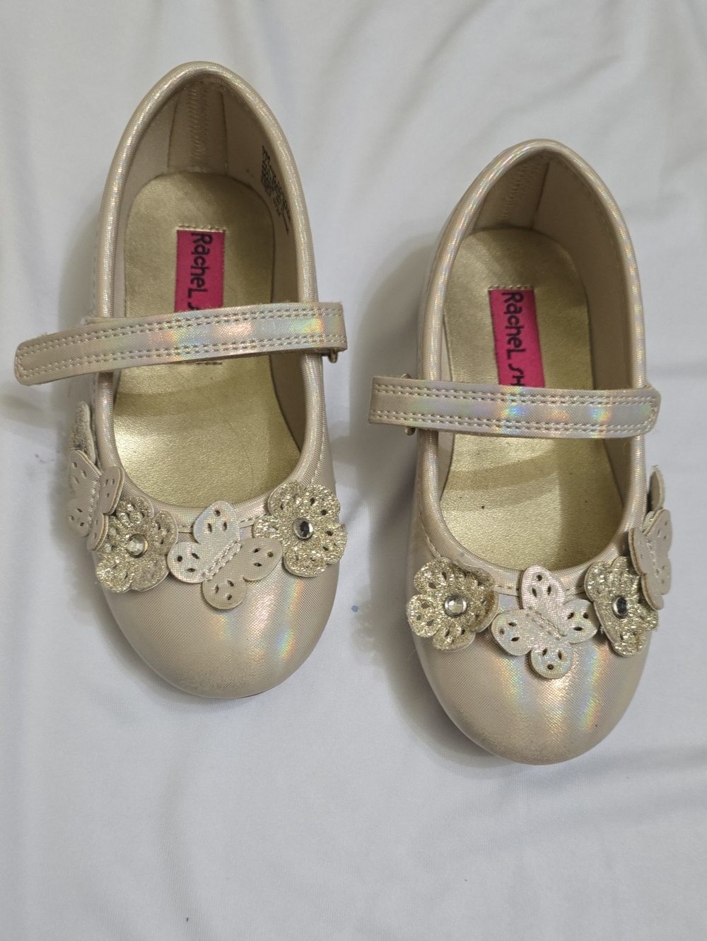 Rachel Shoes Iridescent Cream Mary Janes with Floral Appliqués
